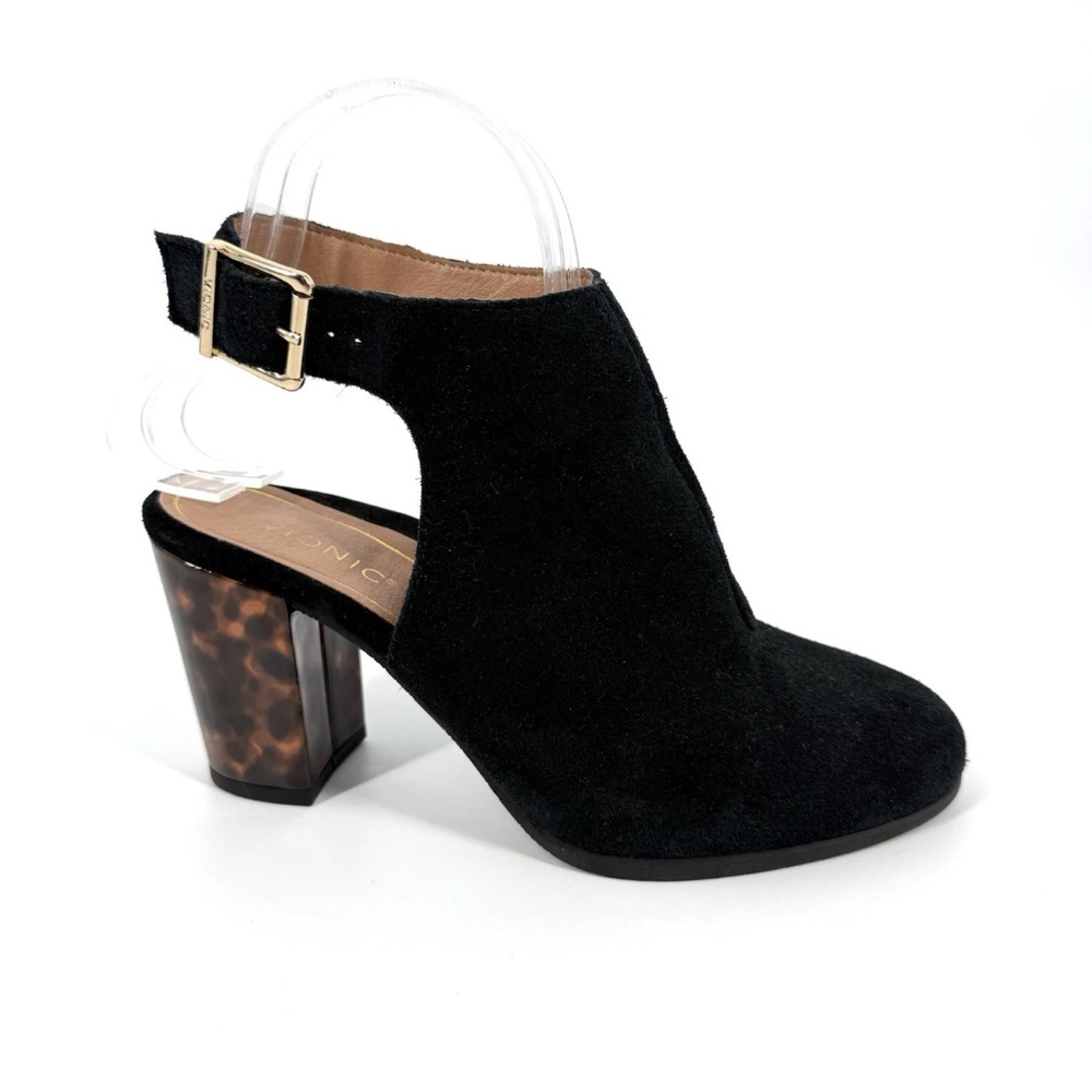 Vionic Lacey Slingback Booties Womens Size 7 Black Suede Tortoise Heel Shoes